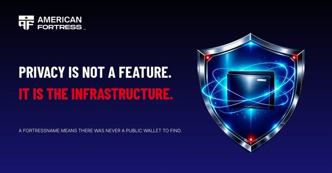 A promotional graphic for "AMERICAN FORTRESS" featuring a shield icon and the text "PRIVACY IS NOT A FEATURE. IT IS THE INFRASTRUCTURE."
