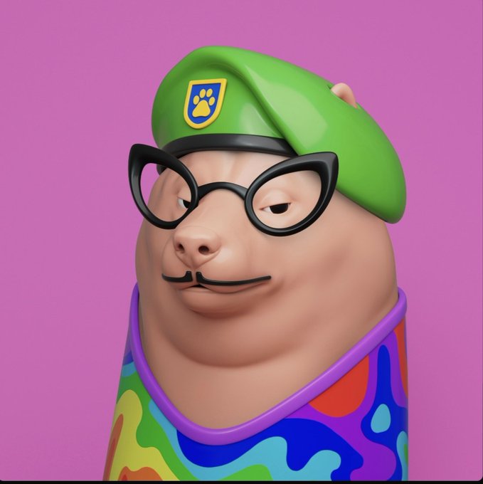 A 3D-rendered character resembling a capybara wears a green beret with a paw print badge, black cat-eye glasses, and a colorful patterned shirt against a pink background.
