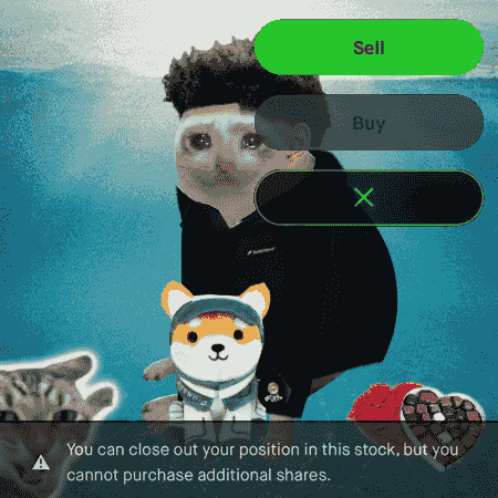 A screenshot showing 'Sell' and 'Buy' buttons (with Buy grayed out) for a stock position, featuring a cat-eared figure with text reading 'You can close out your position in this stock, but you cannot purchase additional shares.'
