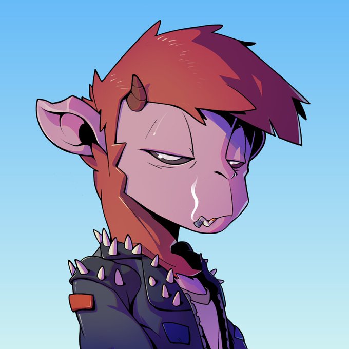 An animated illustration of a pink-skinned demon-like character with red hair, small horns, pointed ears, and a spiked black leather jacket, looking unimpressed.