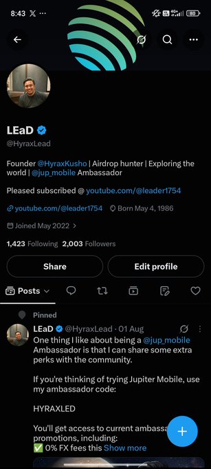 A mobile X (Twitter) profile page for 'LEaD' (@HyraxLead), self-described as 'Founder @HyraxKusho | Airdrop hunter' with 1,423 Following and 2,003 Followers, showing a pinned post about Jupiter Mobile Ambassador perks.
