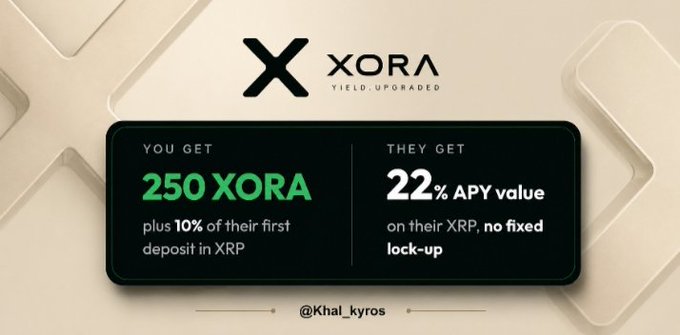 The image is a promotional graphic for **XORA**, featuring its logo and tagline "YIELD. UPGRADED." A dark banner highlights a referral-style offer: "YOU GET 250 XORA plus 10% of their first deposit in XRP," while "THEY GET 22% APY value on their XRP, no fixed lock-up," credited to @Khal_kyros.

It ties into the post's message by illustrating a third option beyond idle stablecoins or cashing out—putting idle holdings to work in a yield-generating XORA program that rewards both the referrer and new participants with XRP-based returns.