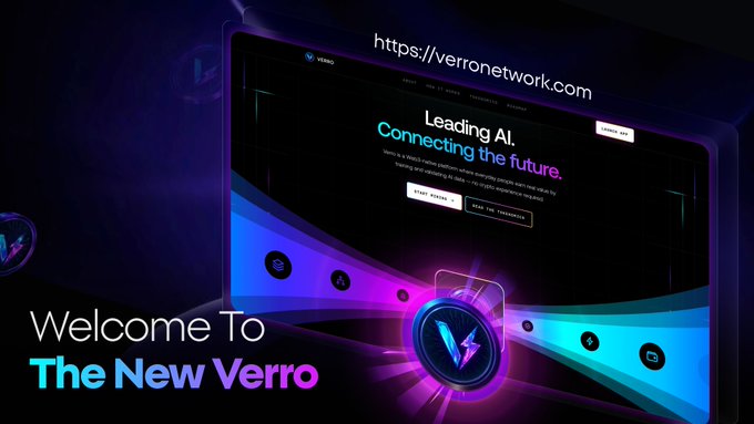 A sleek promotional graphic showcases the redesigned Verro website displayed on a monitor, featuring the tagline "Leading AI. Connecting the future." alongside the URL https://verronetwork.com, with "Welcome To The New Verro" prominently displayed in the foreground—announcing the platform's fresh online identity as a hub for the growing network.