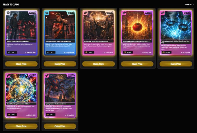 A web3 NFT claim page titled 'READY TO CLAIM' displaying seven collectible cards labeled 'WhiteList' with titles including 'Beam Crack The Bio Figure Floor', 'Jimmy's Greek Stallis Post-Mirasters', 'Brand New Day's Popcommuter 95+', 'Brand New Day's Tomalluvaster 95%+93%', 'Yokaho Appears in Spider-Man: Brand New Day', 'Brand New Day Worldwide $500M+', and 'Yokaho Takes the Smart Crown'.