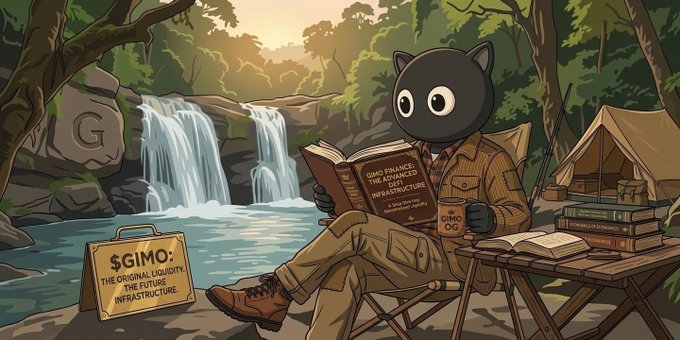 An illustrated black cat character in safari attire reads a book titled 'GIMO FINANCE: THE ADVANCED INFRASTRUCTURE' beside a waterfall, with a '$GIMO: THE ORIGINAL LIQUIDITY INFRASTRUCTURE' briefcase nearby.