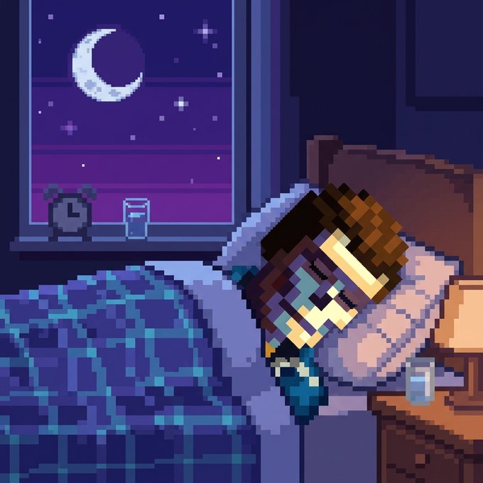 A pixel art scene of a person with brown hair sleeping in a bed next to a window showing a night sky with a crescent moon and stars.