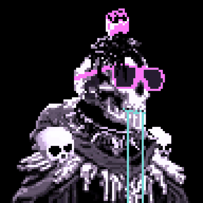 A pixel-art illustration of a skeletal figure wearing sunglasses and a crown, with skulls on its shoulders and dripping liquid from its mouth.
