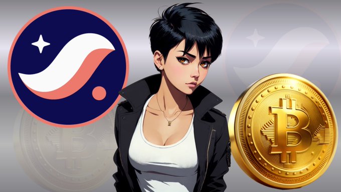 An anime-style woman with short black hair, wearing a black jacket and white top, stands between a circular Stellar (XLM) logo on the left and a large gold Bitcoin coin on the right, illustrating the post's comparison between Bitcoin's transparent public ledger and alternative blockchains like Stellar that may offer improved privacy.