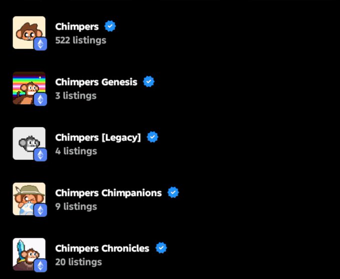 A mobile app listing shows verified NFT collections including 'Chimpers' (522 listings), 'Chimpers Genesis' (3 listings), 'Chimpers [Legacy]' (4 listings), 'Chimpers Chimpanions' (9 listings), and 'Chimpers Chronicles' (20 listings).