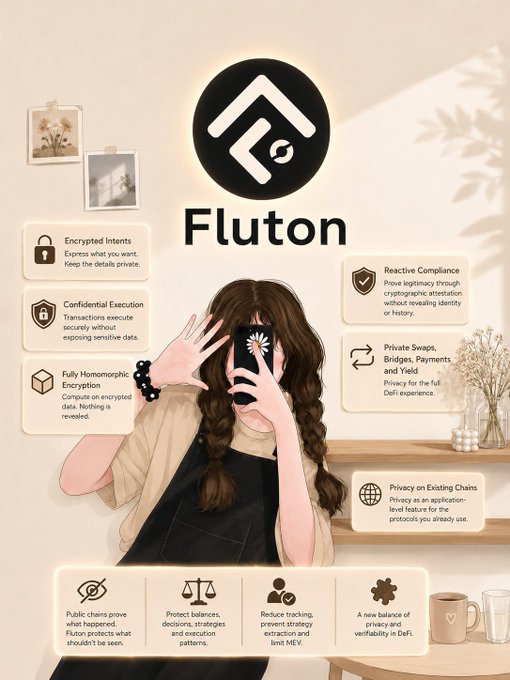 An infographic for 'Fluton' cryptocurrency project featuring a woman taking a mirror selfie, with sections detailing 'Encrypted Intents', 'Confidential Execution', 'Fully Homomorphic Encryption', 'Reactive Compliance', 'Private Swaps, Bridges, Payments and Yield', and 'Privacy on Existing Chains'.