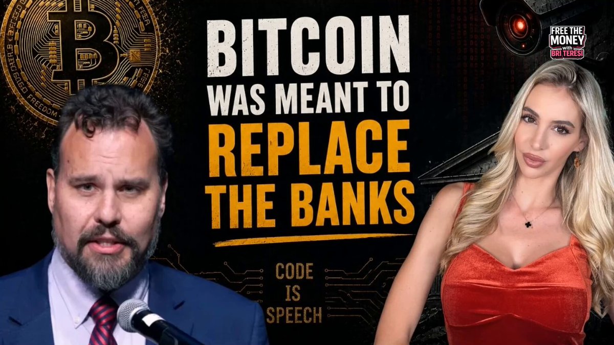 The image features two men standing side by side with microphones, suggesting they are hosting a live podcast or radio show. The background of the image has text that reads "BITCOIN WAS MEANT TO REPLACE THE BANKS, NOT JOIN THEM", indicating an interesting conversation about Bitcoin and its potential impact on the banking system.