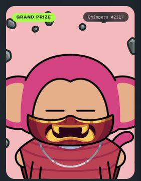 A pink cartoon character (Chimpers #2117) shown on a digital card with a 'GRAND PRIZE' tag, depicted laughing with closed eyes and a gold-grilled mouth.