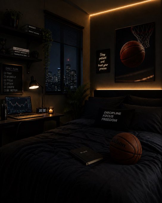 A dark, moody bedroom at night featuring a city view, motivational wall art reading 'Stay patient and trust your process' and 'DISCIPLINE FOCUS FREEDOM', a daily plan checklist, a basketball, and a laptop displaying stock charts.