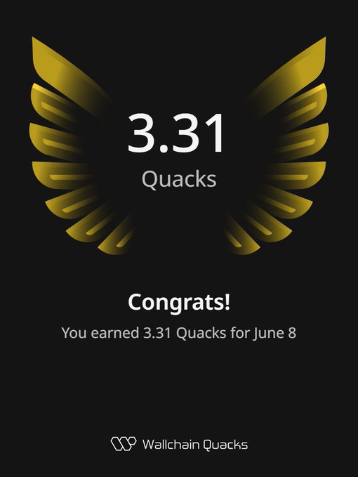 The image features a poster with an illustration of a bird's wing, which has gold accents and says "Congratulations! You earned 3.31 Quacks for June 8!". The poster also includes text that reads "Good evening gQuacks fam! Just earned @wallchain in one day Turn insights into rewards and climb the leaderboard". This post is related to the Wallchain Quacks community, as it promotes a competition or achievement within their group.