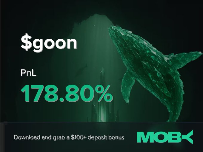 A promotional graphic from Moby Mobile showcases a "Win Alert" celebrating a trader's +178.80% PnL on the token $goon, set against an underwater backdrop featuring a whale and $goon branding. The bottom of the image invites viewers to "Download and grab a $100+ deposit bonus" with the Moby logo.
