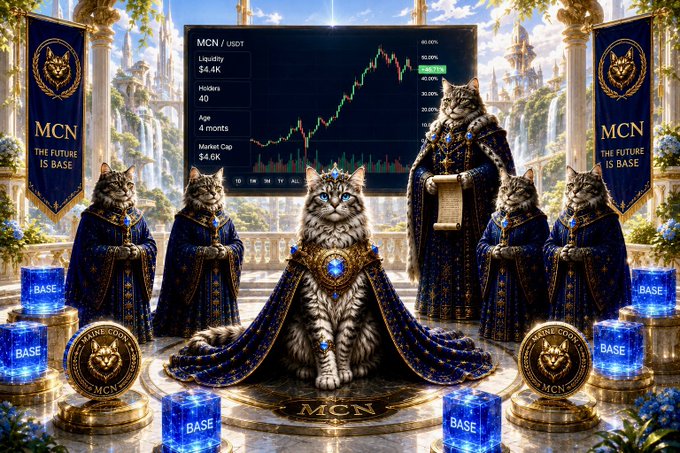 urns of gold and blue, cat statues, and a large screen displaying a stock chart are featured on the base of a building with columns.