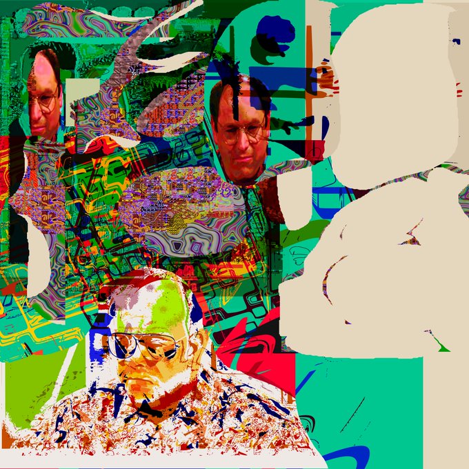 A colorful, glitchy digital collage artwork featuring repeated images of a man with glasses against a chaotic background of teal, green, red, and other vibrant colors.