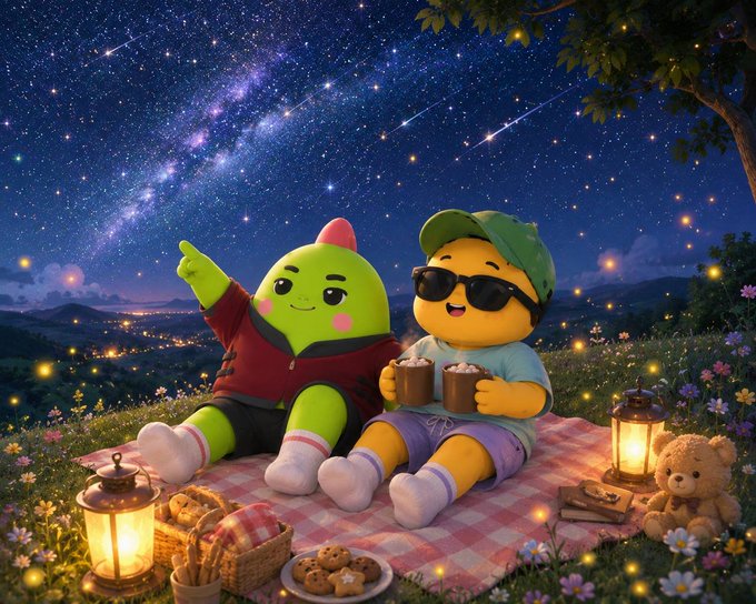 A whimsical 3D illustration of two cute characters (a green one and a yellow one in sunglasses) having a picnic under a starry Milky Way night sky with lanterns and a teddy bear.