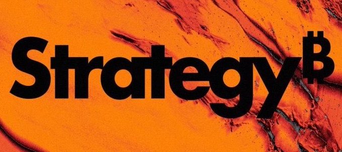 The image displays the bold text "Strategy₿" overlaid on a vivid orange and black marbled background, with the "B" styled as the Bitcoin symbol. This branding reflects MicroStrategy's $MSTR identity as a Bitcoin-focused corporate strategy, aligning with the post's emphasis on long-term commitment and following its evolution as a company.