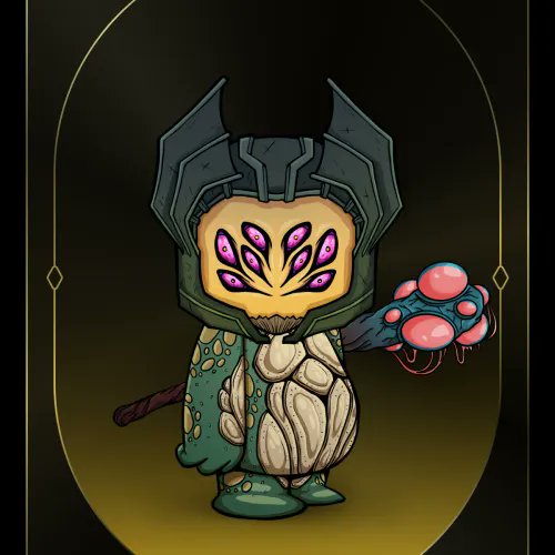 The image features a cartoon character, likely a monster or a robot, wearing a helmet with multiple eyes and holding a stick. The character appears to be standing against a black background, which contrasts with its colorful appearance. The character's face has a pink nose and mouth, adding to its unique look. The post about the Koda character is accompanied by an image of the character itself, providing more context for viewers who might want to learn more about this particular monster or robot.