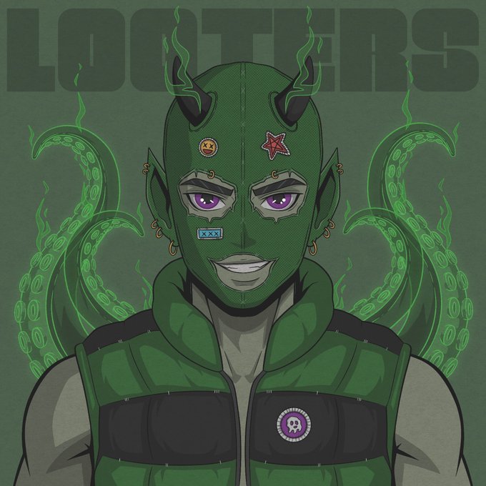 The image shows an illustration of a character named "LOOTERS" with a green mask, horns, purple eyes, and tentacle-like appendages in the background, adorned with various pins and a skeleton logo patch. The image relates to the post by announcing that their NFT collection is sold out, with the revealed character being one of the members of their fully assembled "gang."