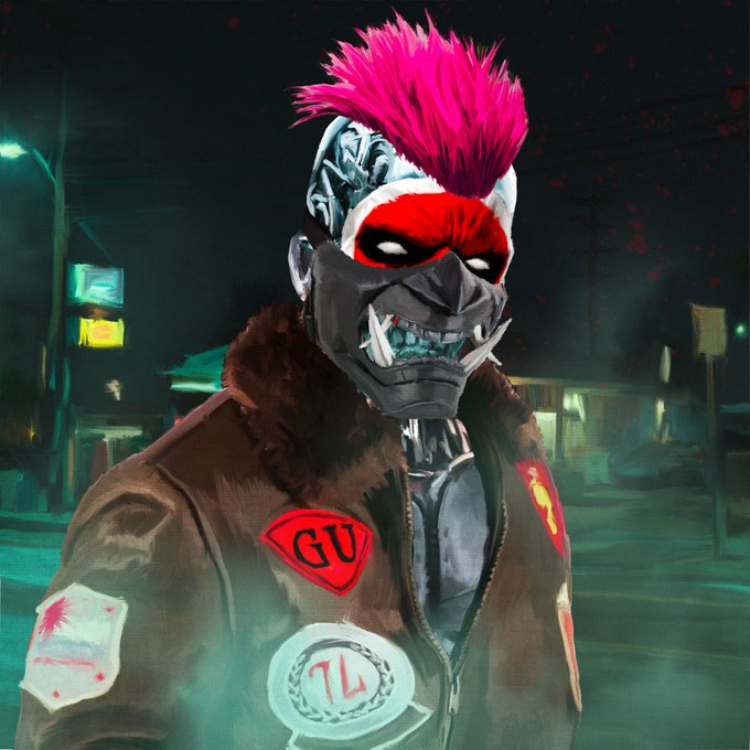 A dark, stylized digital illustration of a menacing character with a bright pink mohawk, skeletal metallic face mask with sharp teeth, wearing a brown jacket adorned with patches.