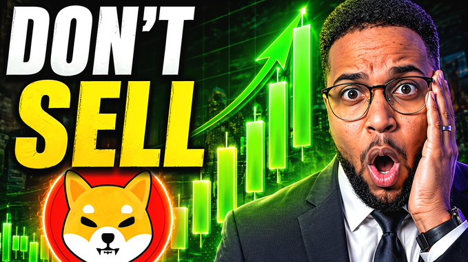 A YouTube thumbnail featuring a shocked man with the bold text "DON'T SELL," alongside a green rising price chart and a Shiba Inu ($SHIB) logo, relates to the post by warning viewers not to sell their SHIB tokens following news of a Binance whale purchasing 30 billion SHIB.