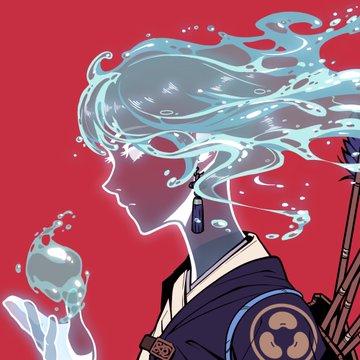 An anime-style illustration of a character with flowing water-like hair in profile against a red background.