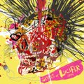 An abstract artwork with bright yellow background featuring red, pink, and black chaotic scribbles and shapes in an expressive style.