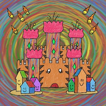 A colorful hand-drawn illustration depicts a pink castle with smiling face details, surrounded by small smiling houses and flying rockets against a rainbow-colored swirled background.
