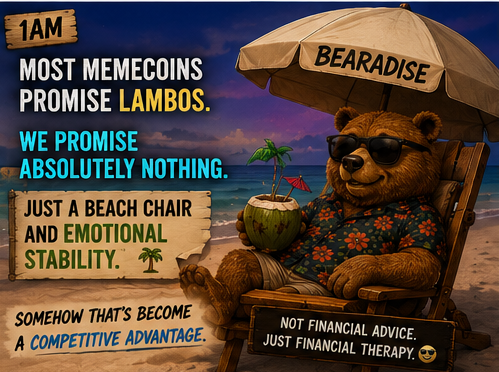 The image features a cartoon bear sitting in an umbrella chair, holding a coconut drink with sunglasses on his head. The background of the image shows a beach scene with palm trees and water. The caption for this image reads "pump.fun/coin/5mgPeFhC5". This suggests that the post is related to a coin or cryptocurrency called "5mgPeFhC5", which could be about the bear's adventures on the beach, or it might be an advertisement for the coin itself.
