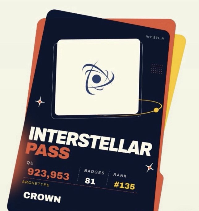 A stylized "Interstellar Pass" digital card displays an atom-like logo and stats: QE 923,953, 81 Badges, Rank #135, and Archetype "CROWN," alongside the tag "INT.STLR." The image visually reinforces the post's message by showcasing the on-chain credentials (points, badges, and rank) that have been preserved from the @dac_chain testnet to the mainnet, complementing the verification of the token contract on Etherscan.