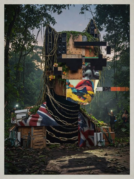 A towering, glitch-art idol wrapped in chains, moss, and speakers looms in a misty jungle, draped with a tattered Union Jack and crowned with a vibrant pop-art face—capturing the chaotic, surreal remix energy of Dario_Desiena's "Vapor Circuitry Flow" NFT (R3ORDR #2559).