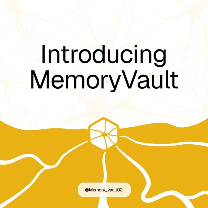 A promotional graphic introducing 'MemoryVault' with stylized neural network imagery and a Twitter handle @Memory_vault02.