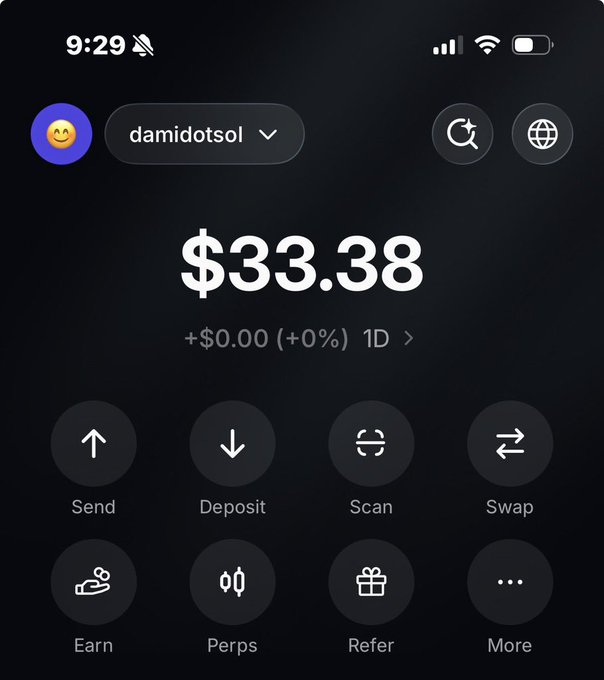 A mobile crypto wallet app screenshot showing a balance of '$33.38' for user 'damidotsol', with action buttons for Send, Deposit, Scan, Swap, Earn, Perps, Refer, and More.