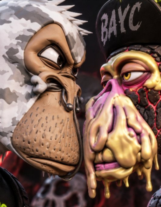 Two Bored Ape Yacht Club (BAYC) NFT characters facing each other, one wearing a fur hat and the other wearing a black cap with 'BAYC' written on it.