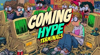 A stylized illustration features the bold text "COMING HYPE TERMINALS" overlaid on a vibrant scene of cartoon characters sitting at vintage CRT computer terminals in a cluttered room, with soda cans and tangled wires scattered throughout. The artwork visually represents the upcoming NFT collection of 6,666 retro-style computer terminals, blending nostalgia with a modern pixel-art aesthetic.