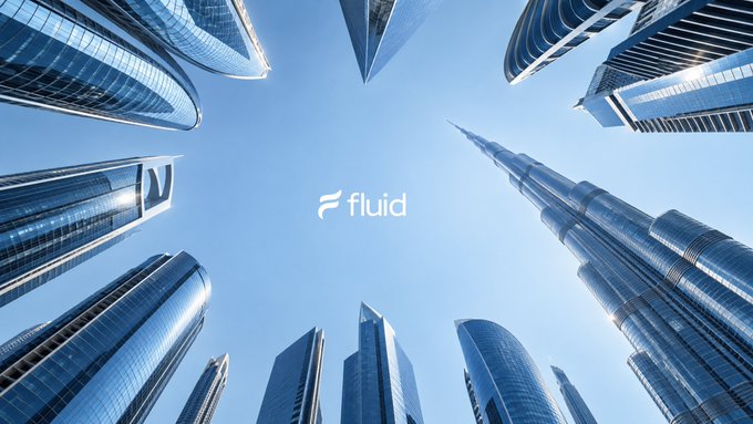 The image showcases a striking upward view of Dubai's iconic skyscrapers, including the Burj Khalifa, converging toward a clear blue sky with the "fluid" logo centered in the frame. This perspective mirrors Fluid's presence at the MENA Stablecoin Forum, visually emphasizing their expansion into the dynamic Dubai financial landscape.