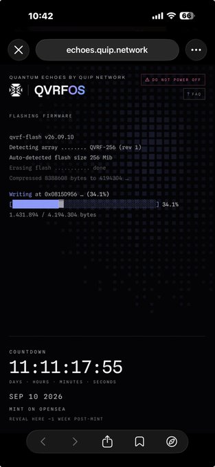 A mobile screen displays the QVRF OS flashing firmware page for 'echoes.quip.network' showing 34.1% progress on a 4.19GB write with a countdown to Sep 10, 2026.