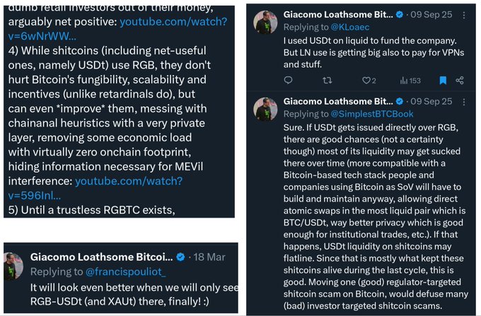 A collage of social media posts and replies from user 'Giacomo Loathsome Bitcoin' discussing the technical and economic implications of USDT on RGB and Liquid networks.