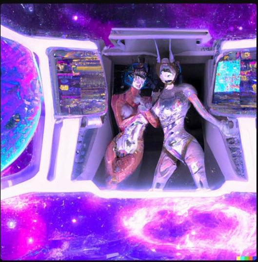 Two humanoid figures adorned with intricate, futuristic body modifications sit within a glowing sci-fi control chamber, set against a vivid cosmic backdrop of swirling purple galaxies and nebulas. The image visually represents the digital artwork "SQ143" by EMBII4U, evoking a surreal, otherworldly aesthetic befitting its status as a collected NFT on objkt.com.