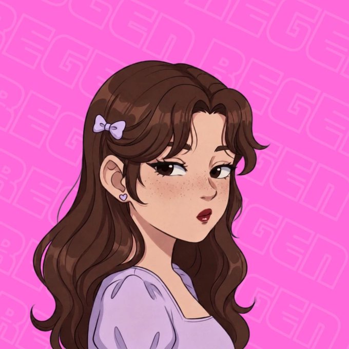An anime-style illustration of a young woman with long wavy brown hair, a small lavender bow, and a heart-shaped earring, set against a pink background with 'GIRL GANG' text patterns.