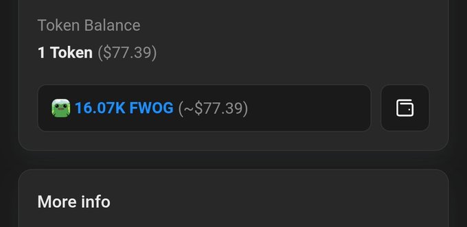 Token balance display showing 1 Token valued at $77.39, specifically 16.07K FWOG (~$77.39) with a copy button.