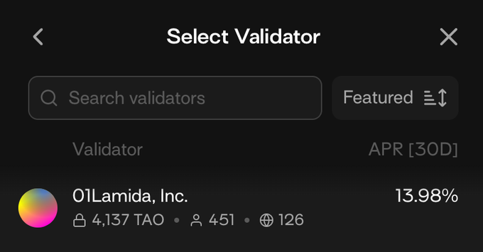 A screenshot of a "Select Validator" screen within the Talisman wallet shows "01Lamida, Inc." listed at the top with a 13.98% APR over 30 days, highlighting the stark contrast with other ROOT validators offering 5-7% APR mentioned in the post.