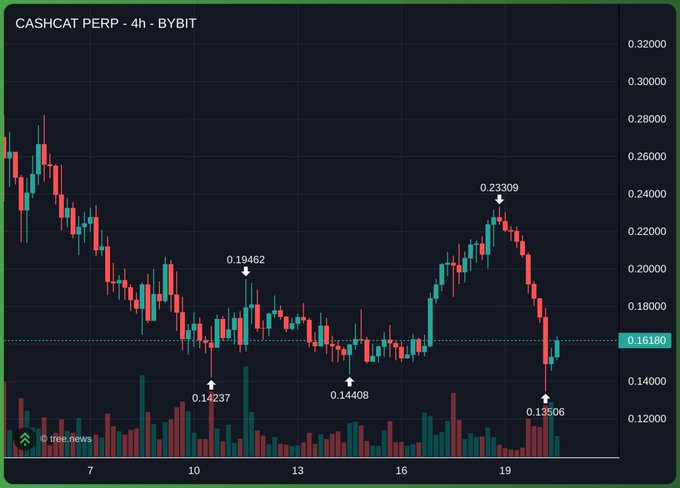 A candlestick chart titled 'CASHCHAT PERP - 4h - BYBIT' shows price fluctuations between approximately 0.13506 and 0.23309, with a current price around 0.16180.