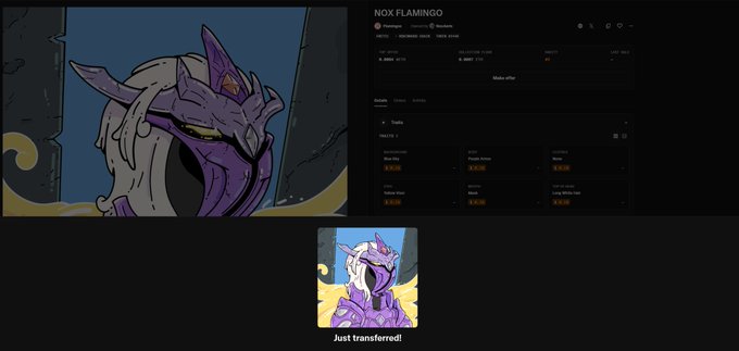 A split-screen showing a cartoon purple samurai character on the left, a NOX FLAMINGO dashboard on the top right, and a smaller version of the character labeled 'Just transferred!' at the bottom.