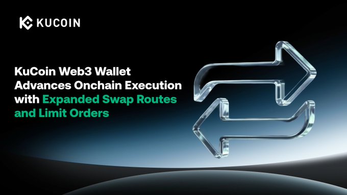 A promotional graphic for KuCoin Web3 Wallet featuring the KuCoin logo and the headline "KuCoin Web3 Wallet Advances Onchain Execution with Expanded Swap Routes and Limit Orders," alongside a stylized 3D swap icon symbolizing the new trading features mentioned in the announcement.