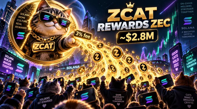 A vibrant crypto advertisement features a cat in sunglasses and a gold chain labeled "ZCAT" pouring ZCAT coins, with text reading "ZCAT REWARDS ZEC ~$2.8M" and "3% fee".