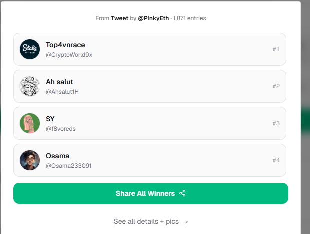 A tweet results page from @PinkyEth's giveaway (1,871 entries) showing four winners: #1 Top4vnrace (@CryptoWorld9x), #2 Ah salut (@Ahsalut1H), #3 SY (@f8voreds), and #4 Osama (@Osama233091), with a green "Share All Winners" button below.