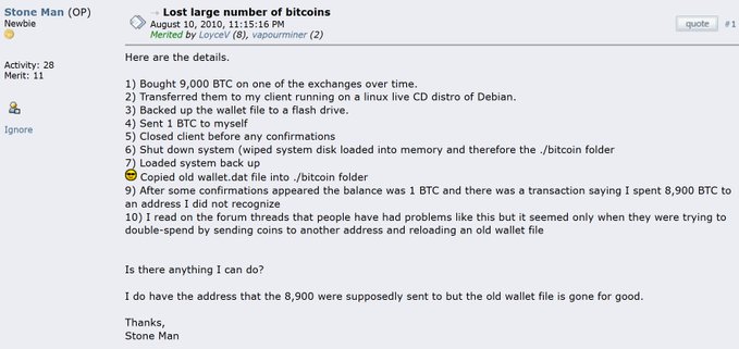 Screenshot of Stone Man’s 2010 Bitcoin forum post titled “Lost large number of bitcoins,” detailing how he copied an old `wallet.dat` into `/.bitcoin` and later found 1 BTC remaining after an apparent 8,900 BTC transfer. It supports the accompanying claim that the mistaken 8.9K BTC transfer could be worth about $743 million in 2026.
